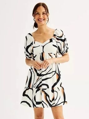 Nine West Abstract Swirl Puff-Sleeve Mini Dress - White/Black/Tan